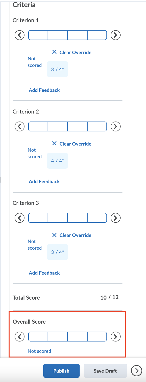 Rubric overall score not selected and score override